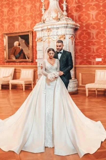 Charming Long A-line Lace Sequined Beading Long Sleeves Wedding Dresses With Detachable Train by misshow.com