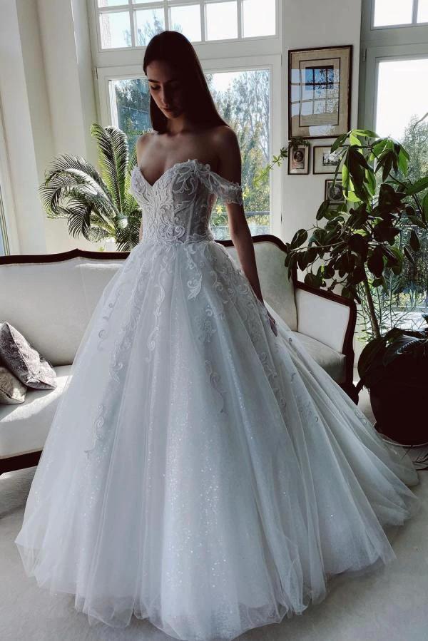 Charming Long A-line Off-the-shoulder Tulle Wedding Dress with Glitter by BIZTUNNEL