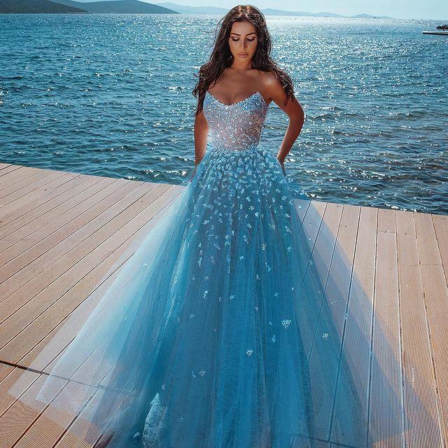 Charming Long A-Line Strapless Lace Tulle Prom Dress by BIZTUNNEL