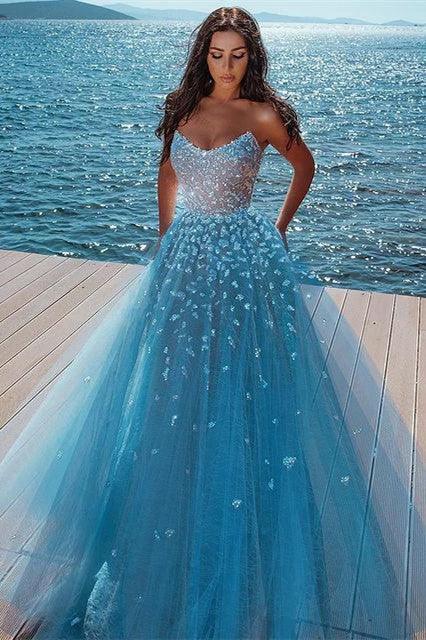Charming Long A-Line Strapless Lace Tulle Prom Dress by BIZTUNNEL
