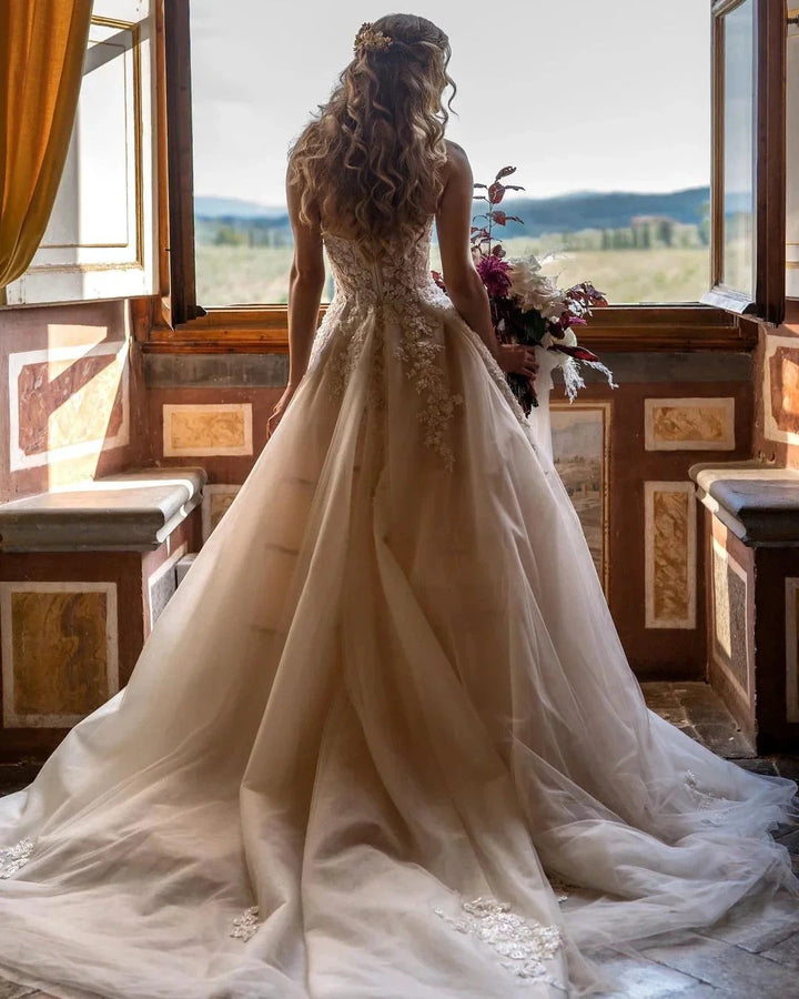 Charming Long A-Line Sweetheart Backless Train Tulle Floral Lace Wedding Dress by BIZTUNNEL