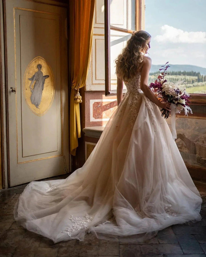 Charming Long A-Line Sweetheart Backless Train Tulle Floral Lace Wedding Dress by BIZTUNNEL
