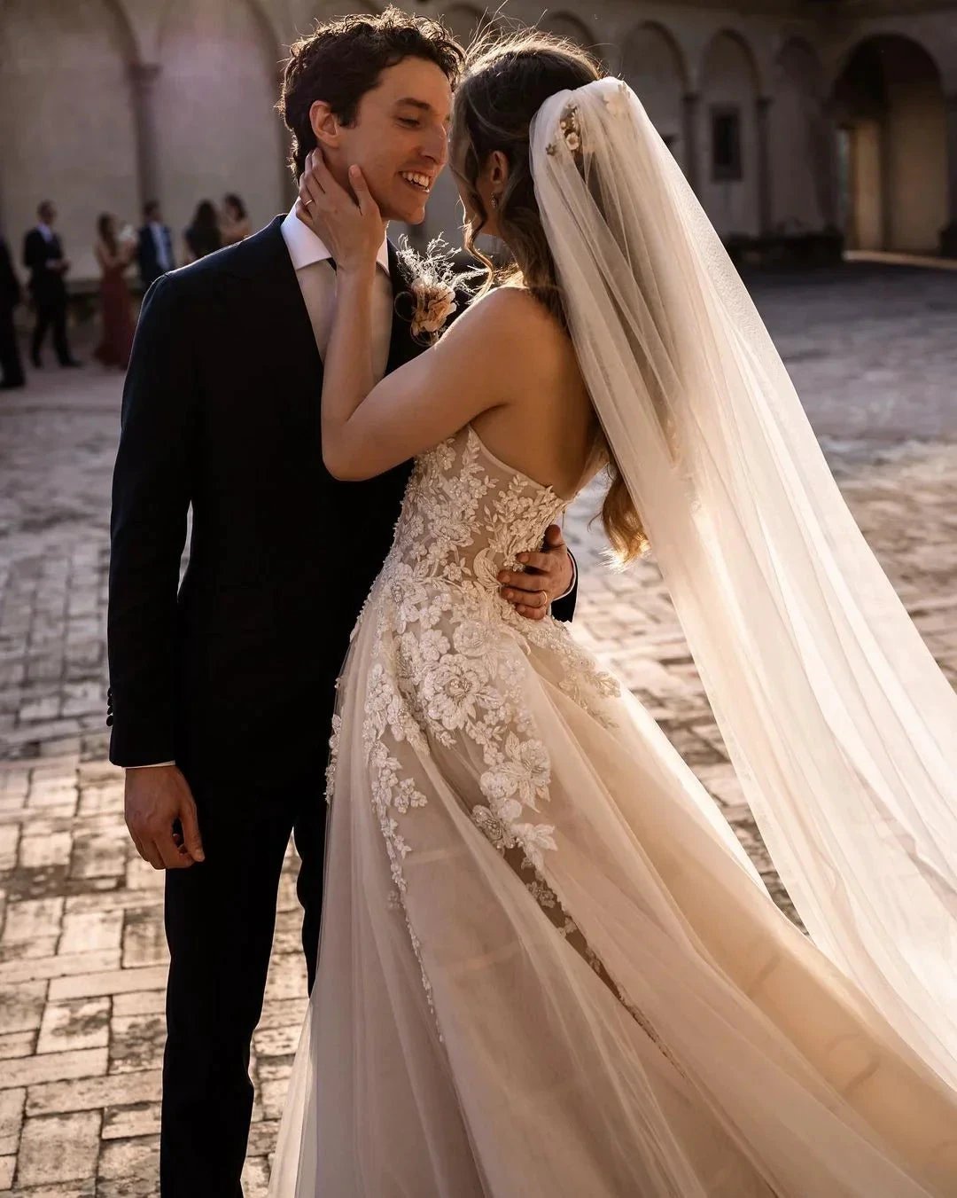 Charming Long A-Line Sweetheart Backless Train Tulle Floral Lace Wedding Dress by BIZTUNNEL