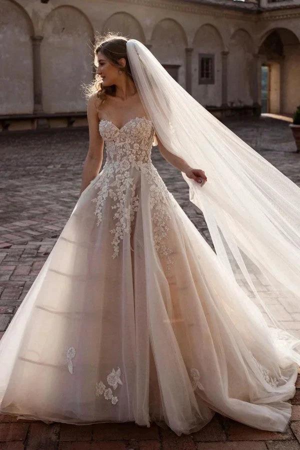 Charming Long A-Line Sweetheart Backless Train Tulle Floral Lace Wedding Dress by BIZTUNNEL