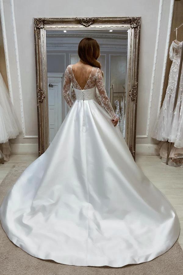 Charming Long A-line White Satin Split Wedding Dresses with Long Sleeves by misshow.com