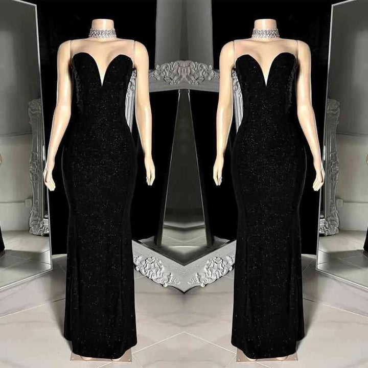 Charming Long Black V-neck Sleeveless Mermaid Prom Dress WIth Beading by misshow.com