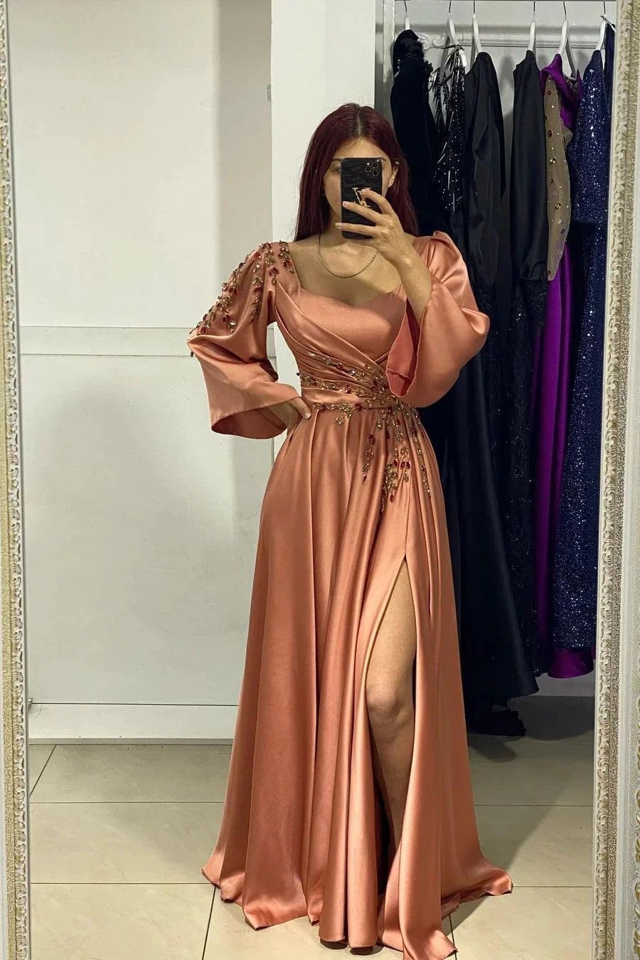 Charming Long Front Split A-Line Long Sleeves Prom Dress With Rhinestone by misshow.com