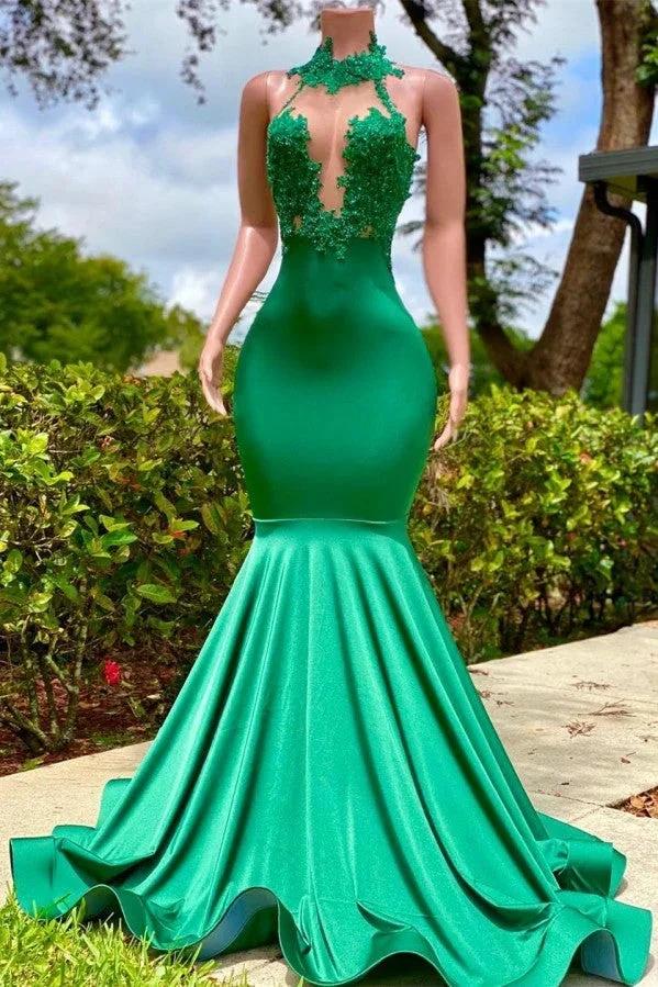Charming Long Mermaid Halter Stretch Satin Lace Backless Prom Dress by BIZTUNNEL
