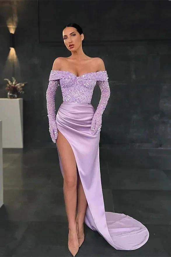 Charming Long Mermaid Off-the-shoulder Long Sleeves Lace Prom Dress With Slit by misshow.com