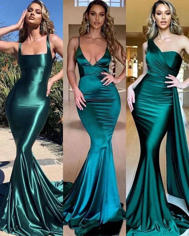 Charming Long Mermaid One Shoulder Green Prom Dress With Side Train by BIZTUNNEL