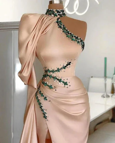 Charming Long One Shoulder Beading Long Sleeve Split Prom Dress With Train by misshow.com