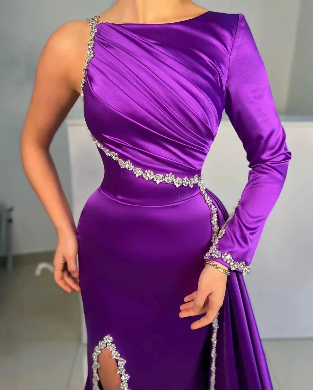 Charming Long Purple Satin Mermaid Prom Dresses With Rhinestone by misshow.com