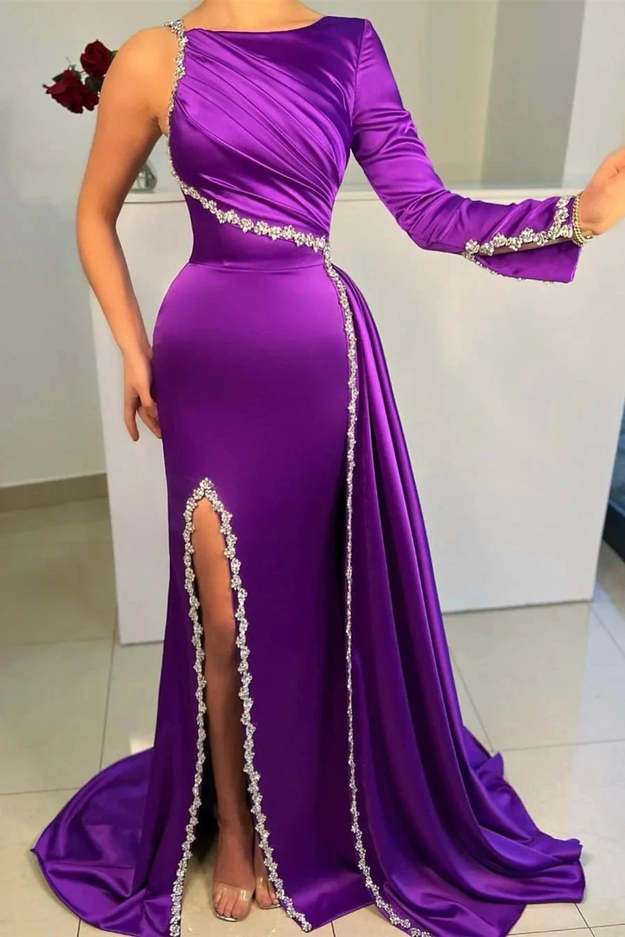Charming Long Purple Satin Mermaid Prom Dresses With Rhinestone by misshow.com