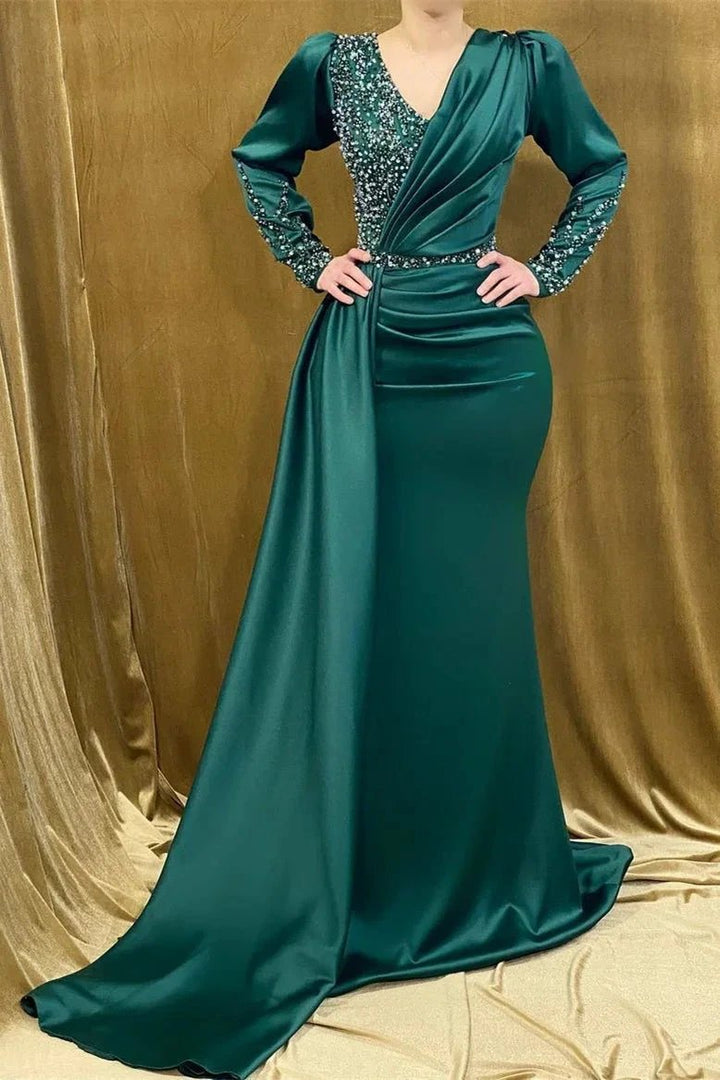 Charming Long Satin V-neck Mermaid Prom Dress With Beading by misshow.com