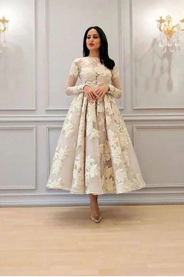 Charming Long Sleeves Floral A-line Evening Dress Ankle Length Party Dress by misshow.com