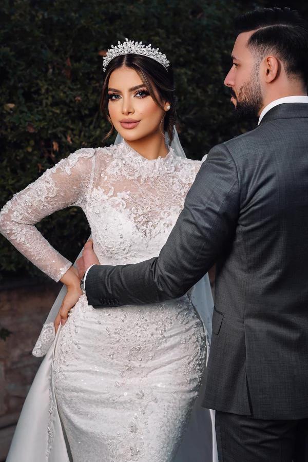 Charming Long Sleeves Mermaid High Neck Satin Lace Wedding Dress with Chapel Train by BIZTUNNEL