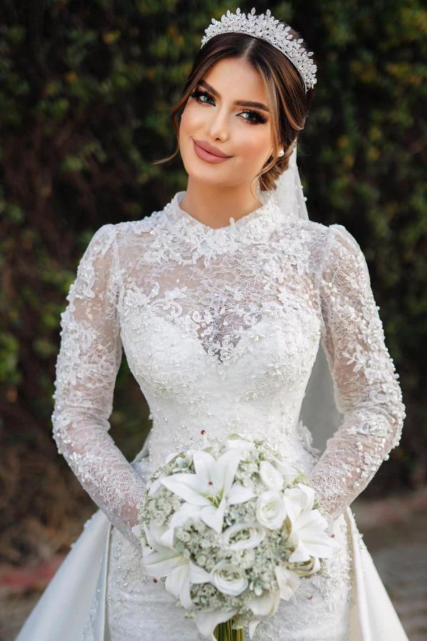 Charming Long Sleeves Mermaid High Neck Satin Lace Wedding Dress with Chapel Train by BIZTUNNEL