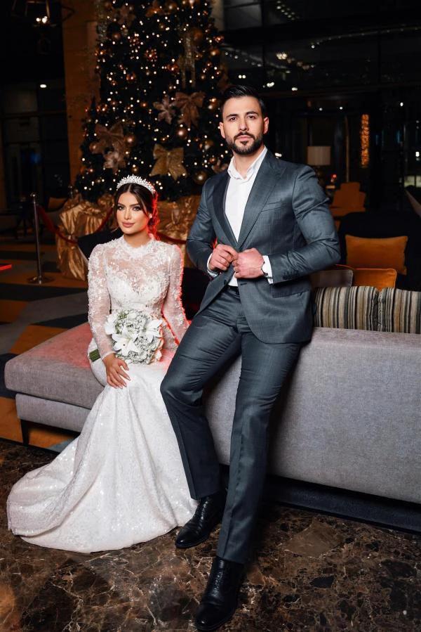 Charming Long Sleeves Mermaid High Neck Satin Lace Wedding Dress with Chapel Train by BIZTUNNEL