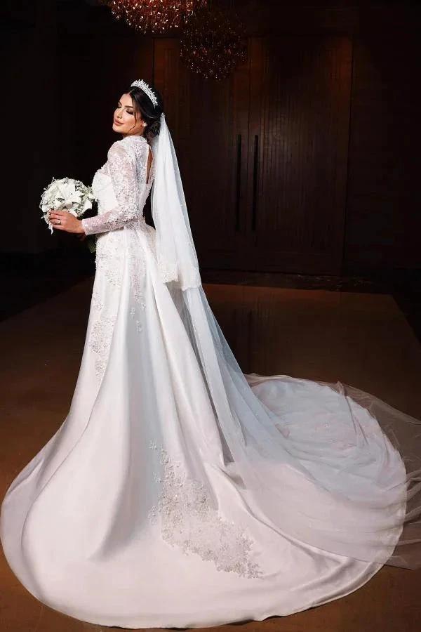 Charming Long Sleeves Mermaid High Neck Satin Lace Wedding Dress with Chapel Train by BIZTUNNEL
