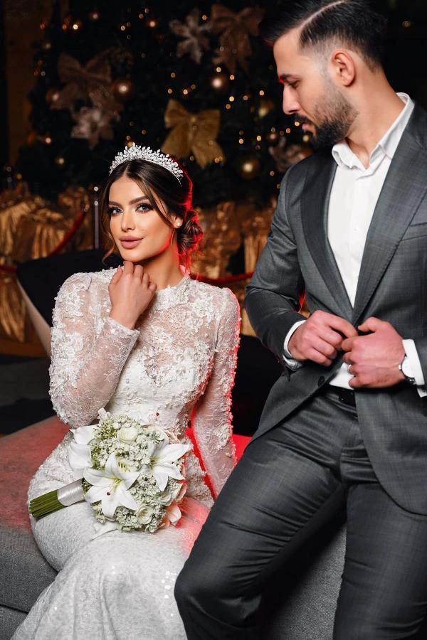 Charming Long Sleeves Mermaid High Neck Satin Lace Wedding Dress with Chapel Train by BIZTUNNEL