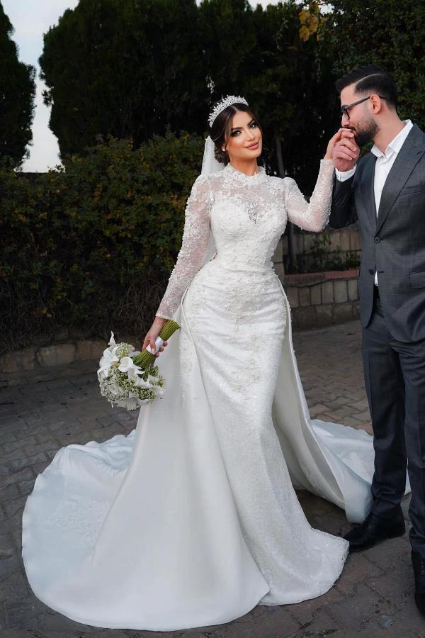 Charming Long Sleeves Mermaid High Neck Satin Lace Wedding Dress with Chapel Train by BIZTUNNEL