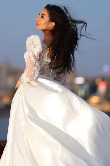Charming Long Sleeves V-neck Satin Wedding Dress with Lace by misshow.com