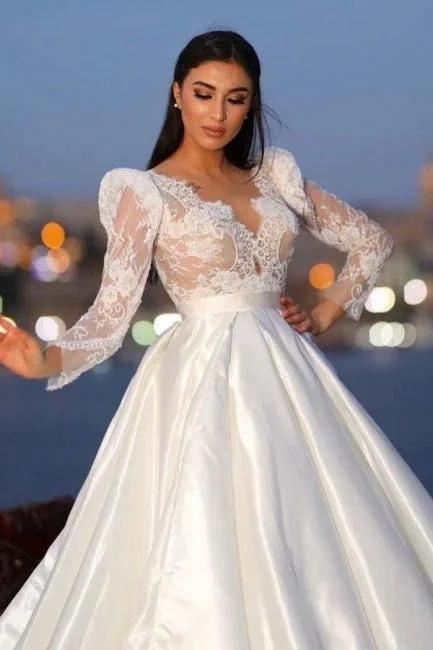 Charming Long Sleeves V-neck Satin Wedding Dress with Lace by misshow.com