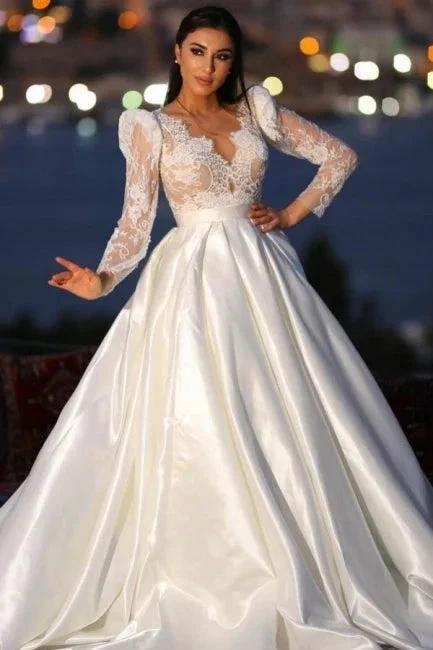 Charming Long Sleeves V-neck Satin Wedding Dress with Lace by misshow.com