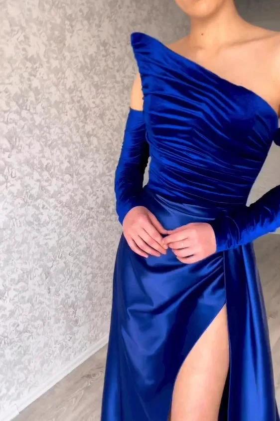 Charming Long Strapless A-Line Split Front Prom Dress With Long Sleeves by misshow.com