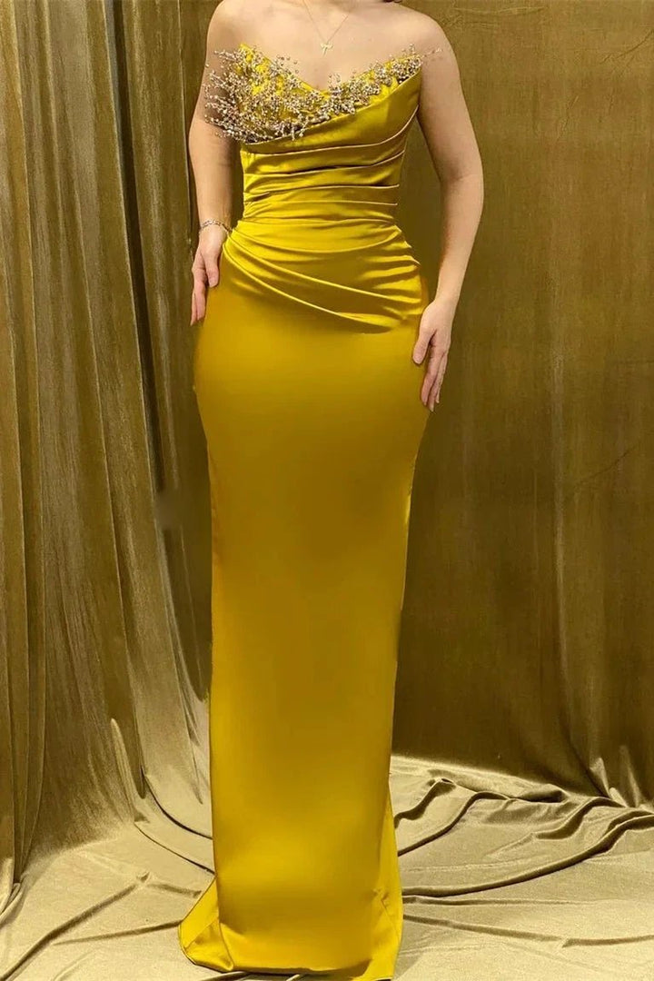 Charming Long Sweetheart Rhinestone Satin Mermaid Prom Dress With Long Sleeves by misshow.com