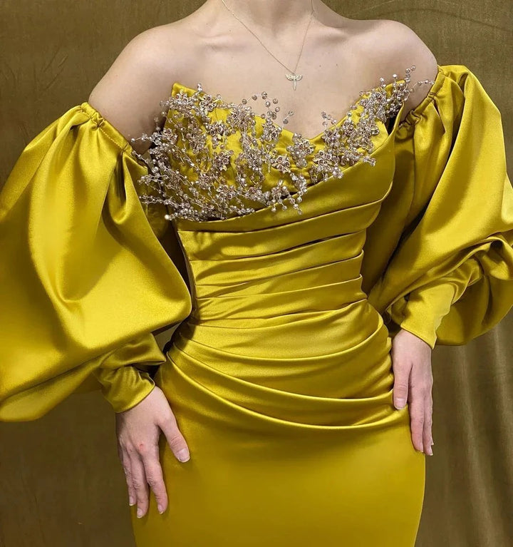 Charming Long Sweetheart Rhinestone Satin Mermaid Prom Dress With Long Sleeves by misshow.com