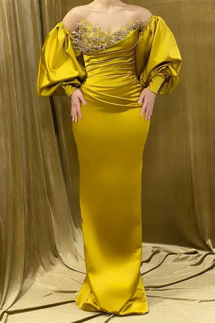 Charming Long Sweetheart Rhinestone Satin Mermaid Prom Dress With Long Sleeves by misshow.com