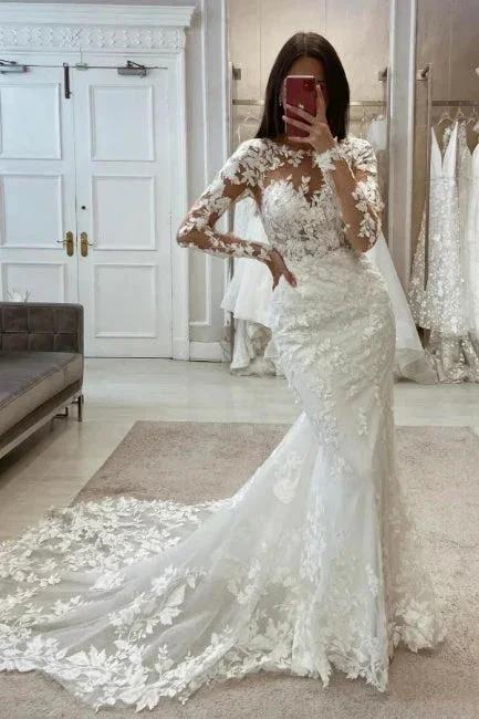 Charming Long White Mermaid Lace Wedding Dresses with Long Sleeves by misshow.com