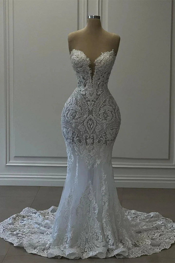 Charming Long White Sweetheart Mermaid Lace Sleeveless Wedding Dress by misshow.com