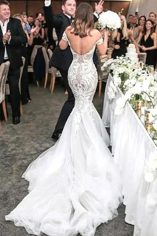 Charming Mermaid Style Off-the-Shoulder Sweep Train Lace Elegant Wedding Dresses by misshow.com