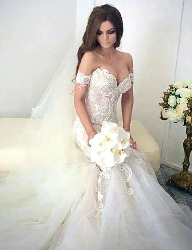 Charming Mermaid Style Off-the-Shoulder Sweep Train Lace Elegant Wedding Dresses by misshow.com