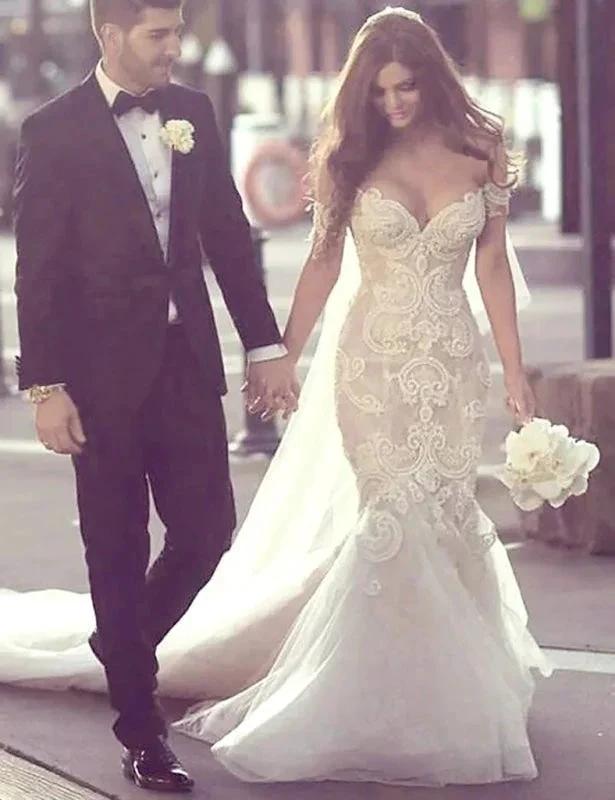 Charming Mermaid Style Off-the-Shoulder Sweep Train Lace Elegant Wedding Dresses by misshow.com