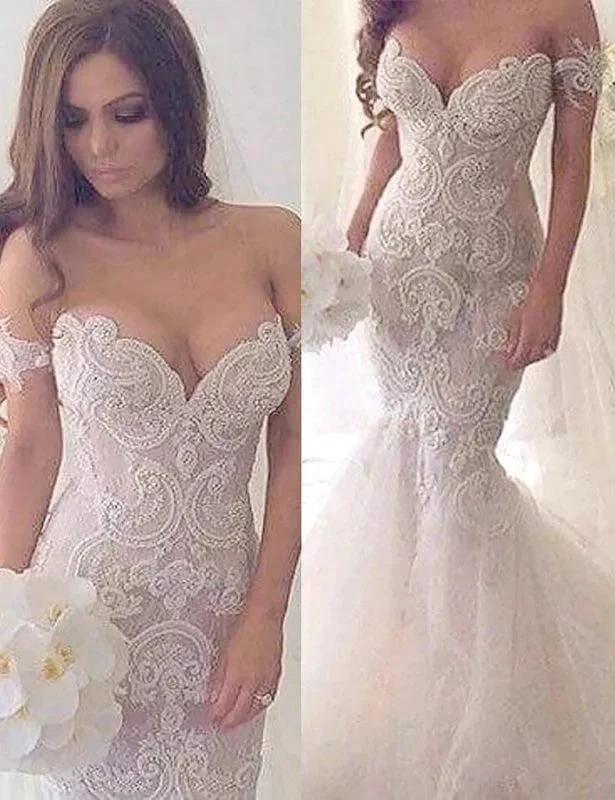 Charming Mermaid Style Off-the-Shoulder Sweep Train Lace Elegant Wedding Dresses by misshow.com