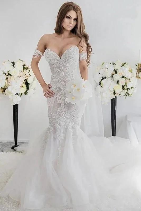 Charming Mermaid Style Off-the-Shoulder Sweep Train Lace Elegant Wedding Dresses by misshow.com