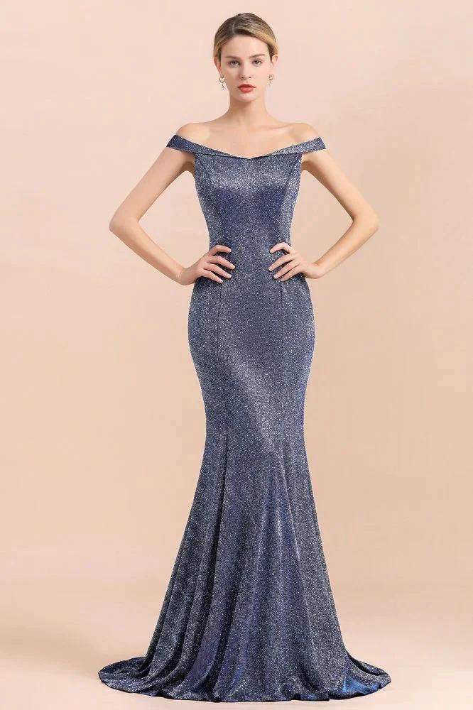 Charming Off-the-Shoulder Bright Silk Mermaid Evening Maxi Gown Floor Length Slim Prom Party Dress by misshow.com