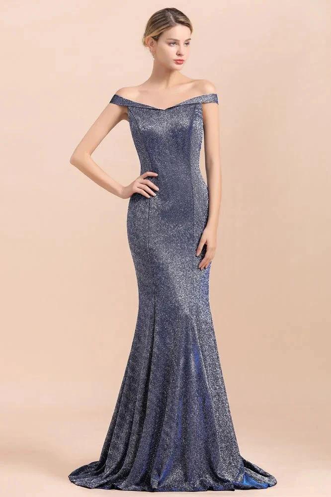 Charming Off-the-Shoulder Bright Silk Mermaid Evening Maxi Gown Floor Length Slim Prom Party Dress by misshow.com