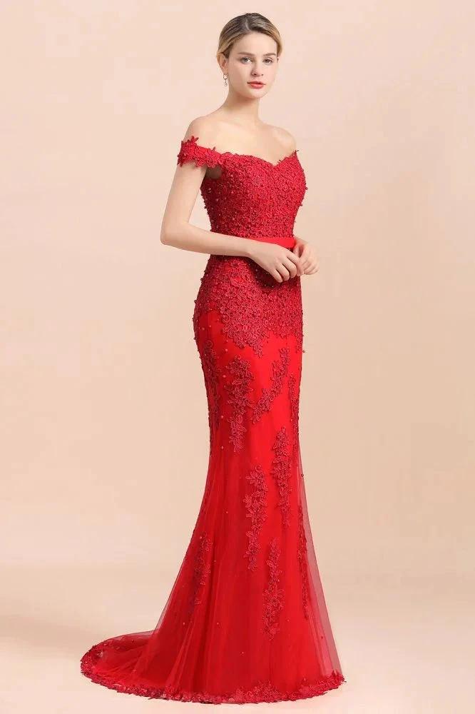 Charming Off-the-Shoulder Lace Appliques Red Mermaid Bridemaid Dres Slim Evening Gown by misshow.com