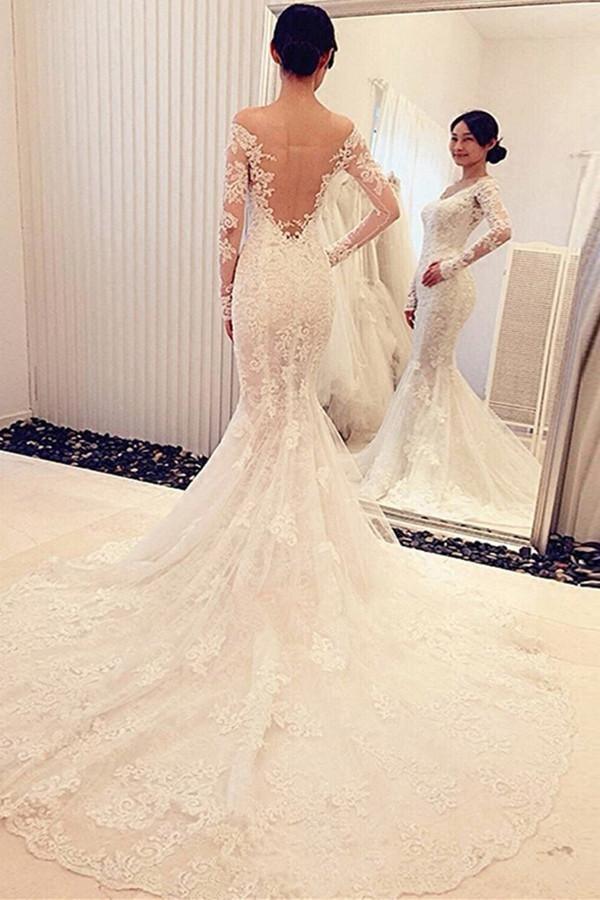 Charming Off The Shoulder Long Sleeves Lace Mermaid Wedding Dress WD018 by pgmdress