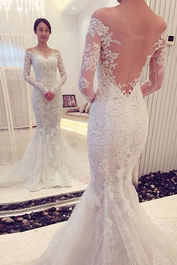 Charming Off The Shoulder Long Sleeves Lace Mermaid Wedding Dress WD018 by pgmdress