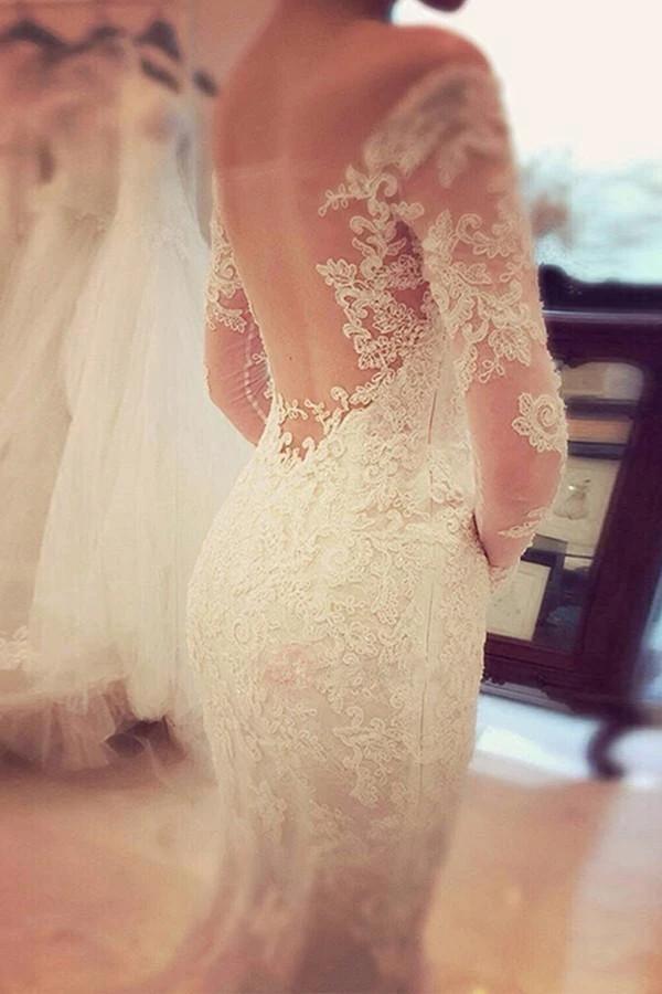 Charming Off The Shoulder Long Sleeves Lace Mermaid Wedding Dress WD018 by pgmdress