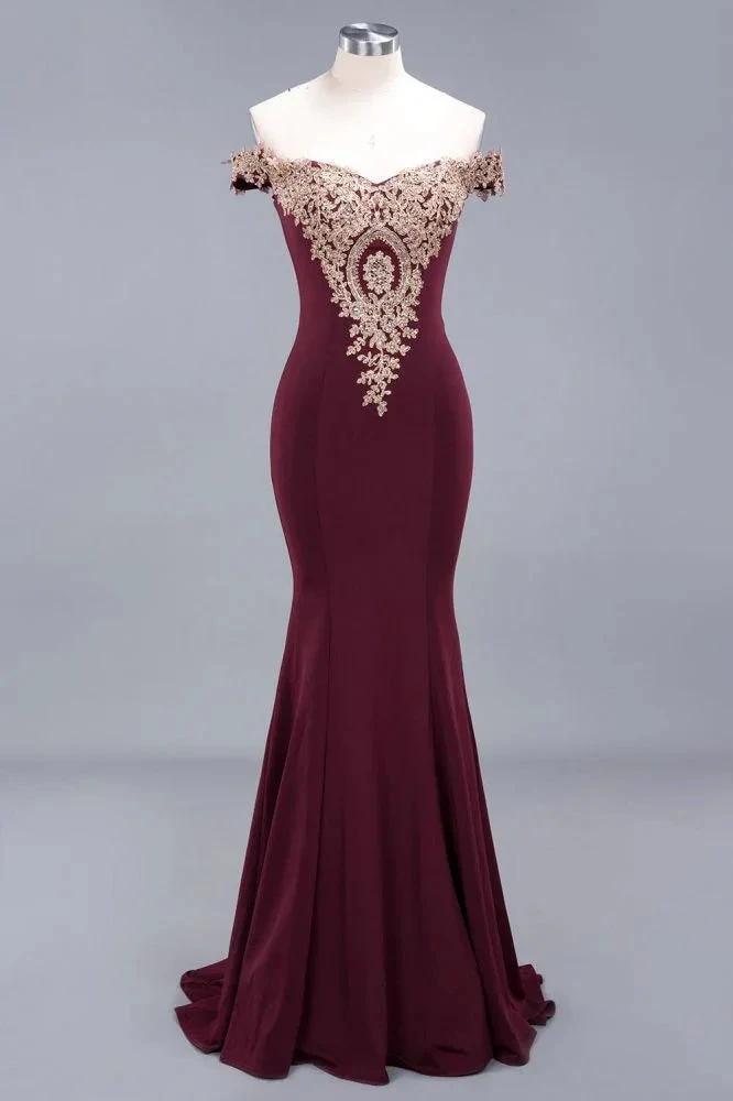Charming Off-The-Shoulder Mermaid Gold Appliques Prom Dress Slim Floor-Length Evening Gown by misshow.com