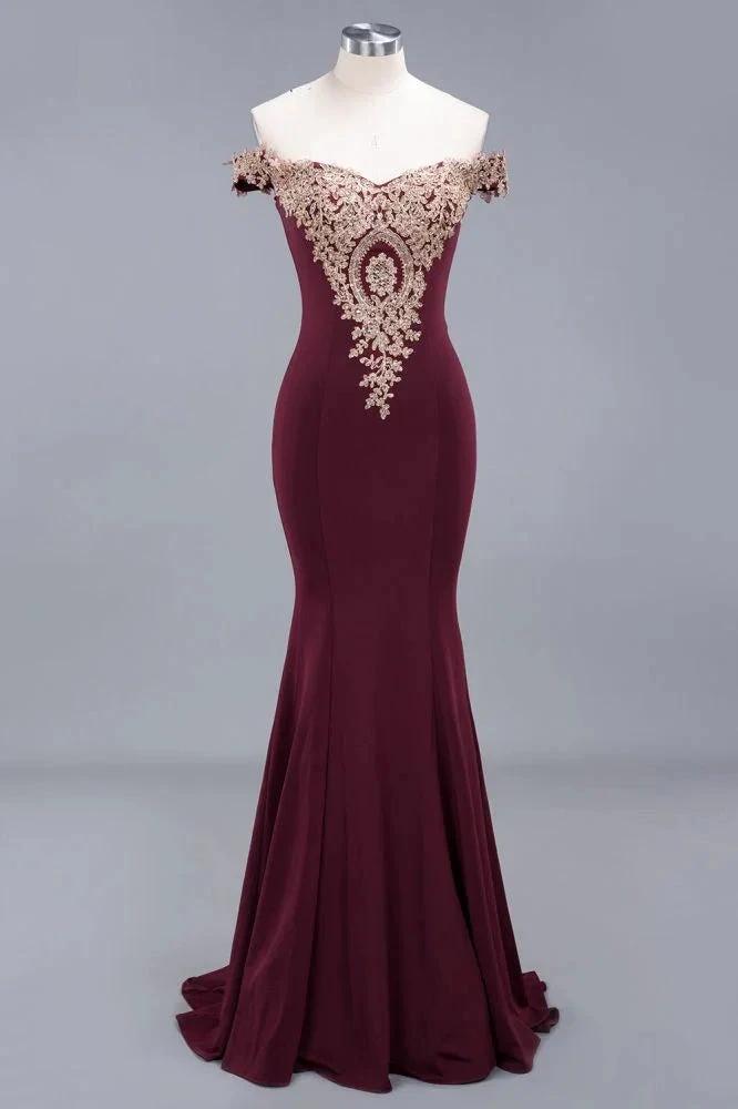 Charming Off-The-Shoulder Mermaid Gold Appliques Prom Dress Slim Floor-Length Evening Gown by misshow.com