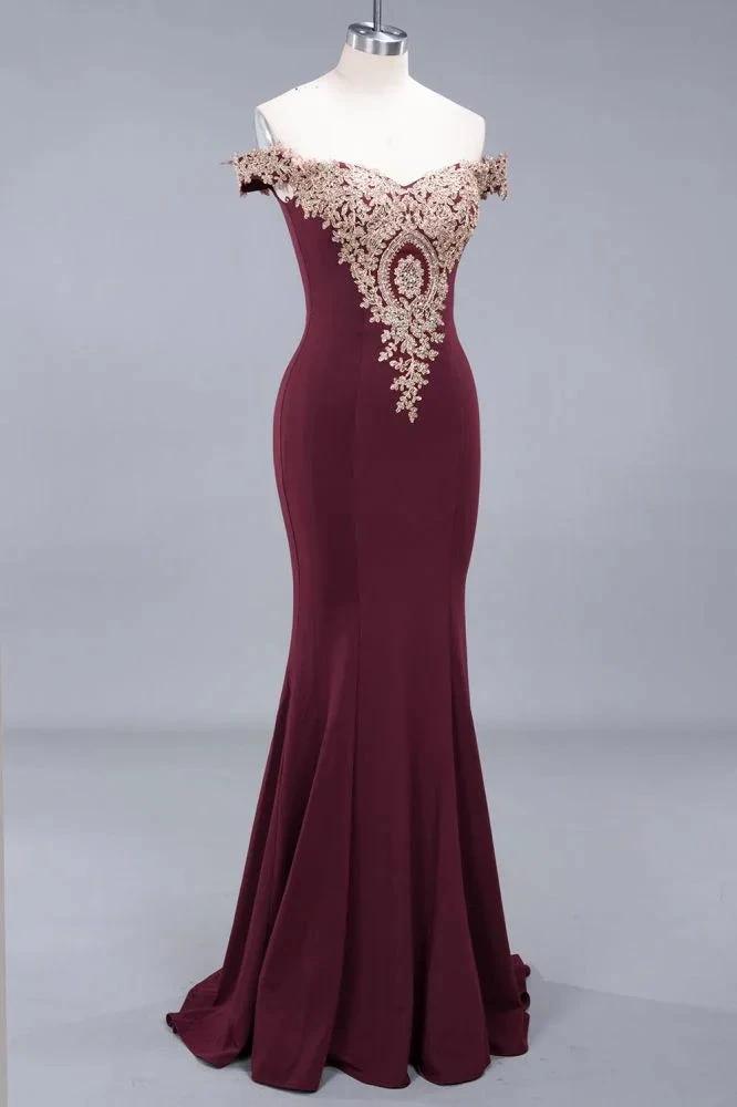 Charming Off-The-Shoulder Mermaid Gold Appliques Prom Dress Slim Floor-Length Evening Gown by misshow.com