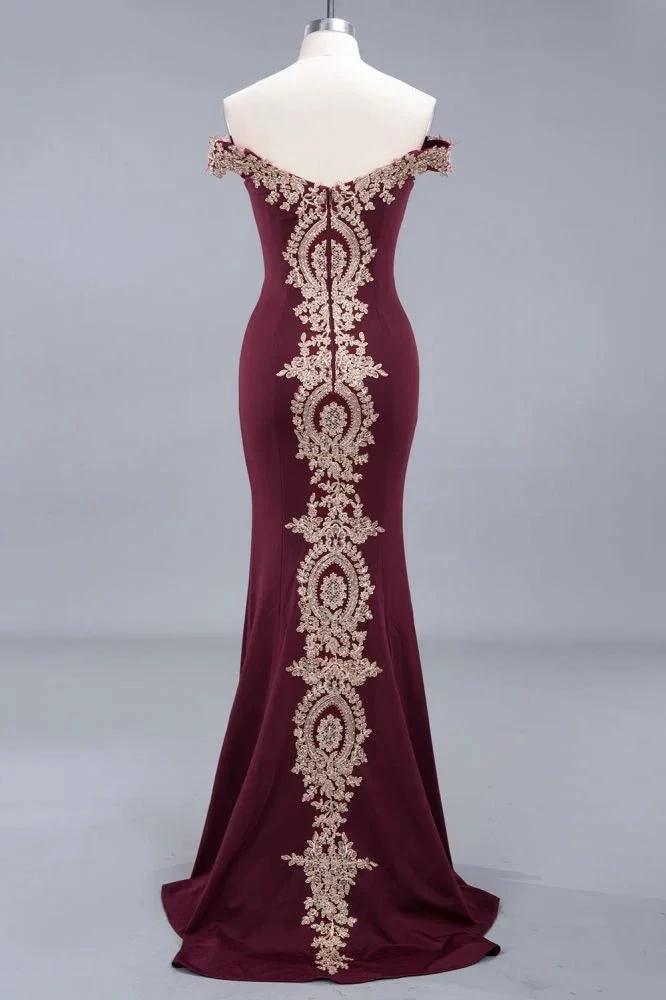 Charming Off-The-Shoulder Mermaid Gold Appliques Prom Dress Slim Floor-Length Evening Gown by misshow.com