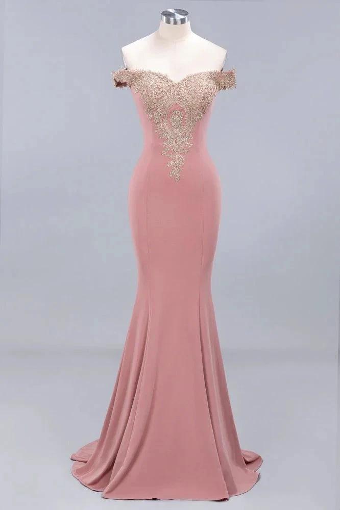 Charming Off-The-Shoulder Mermaid Gold Appliques Prom Dress Slim Floor-Length Evening Gown by misshow.com